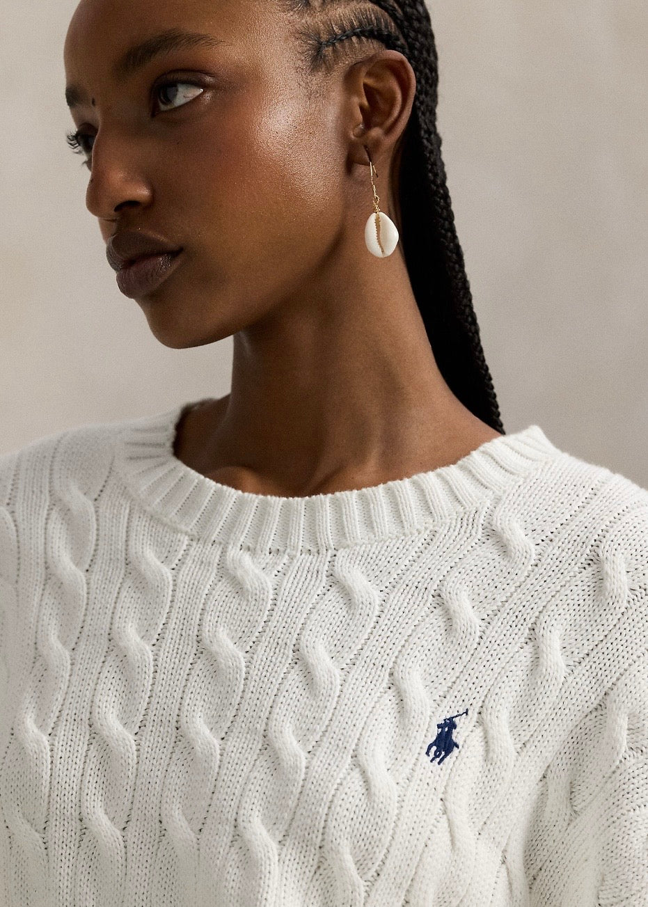 Cable Knit Cotton Crew White
