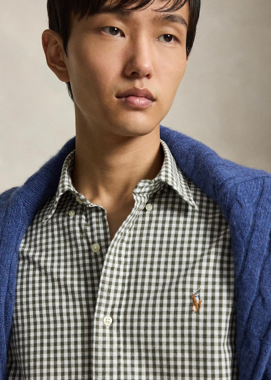 Custom Fit Gingham Oxford Shirt White Olive
