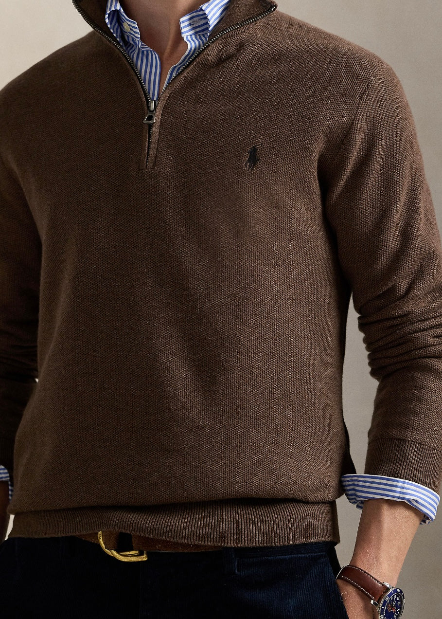 Mesh Knit Quarter Zip Nutmeg Brown