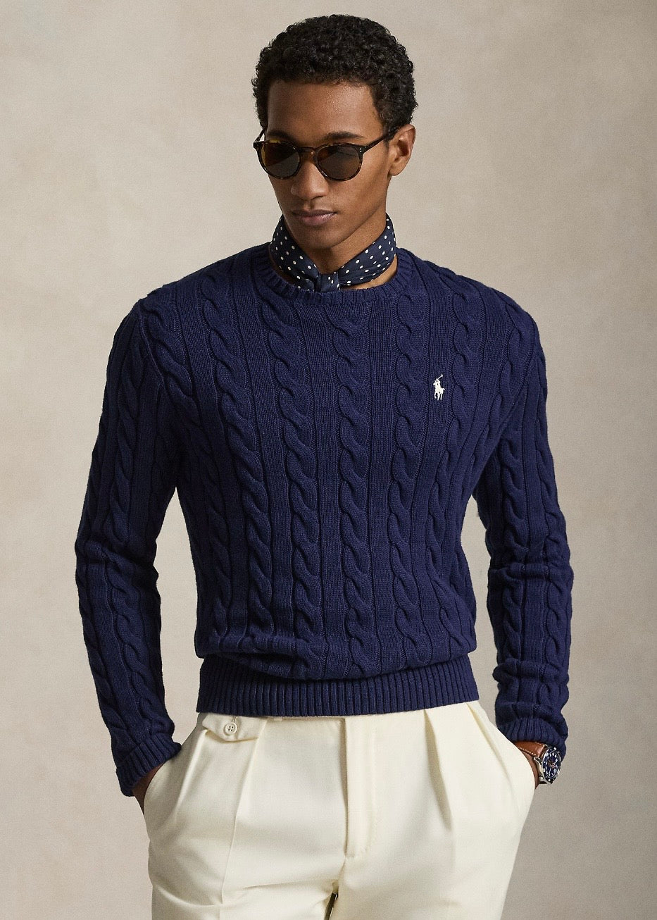 Cable Knit Cotton Sweater Navy
