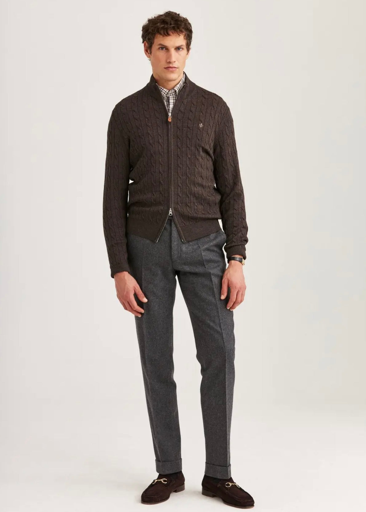 Merino Cable Zip cardigan Brown
