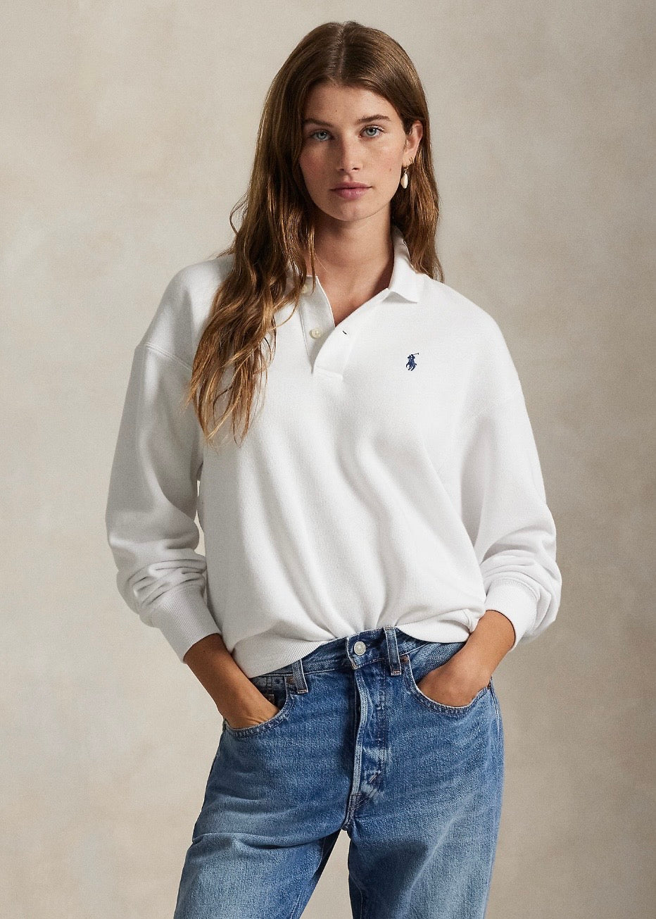 Polo Collar Fleece Pullover White