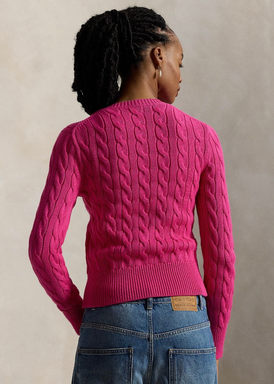Cable Knit Cotton Cardigan Accent Pink