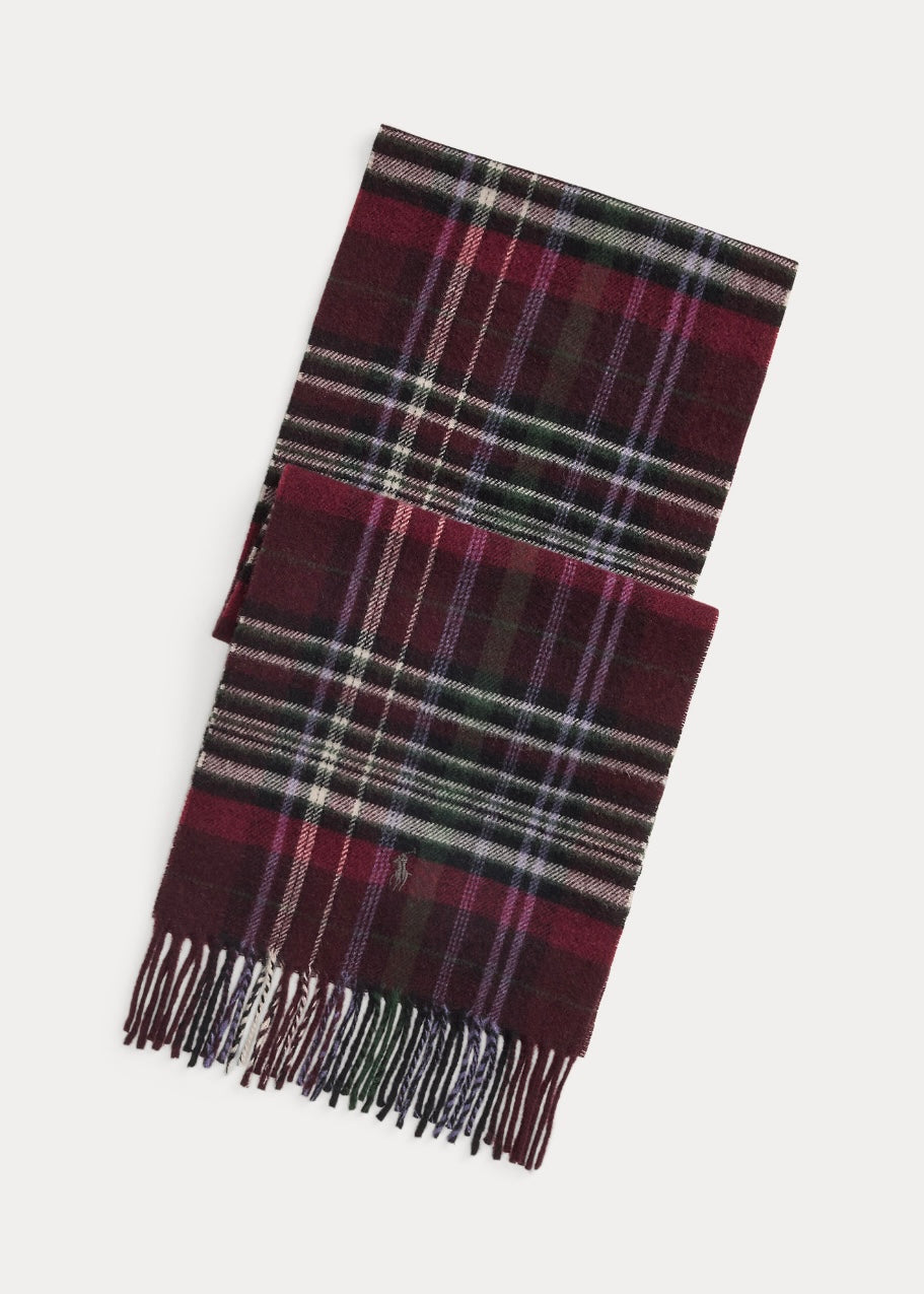 Plaid Fringe Wool scarf Wine Multi