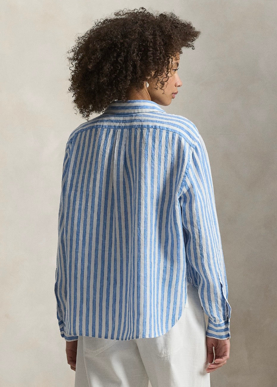 Wide Cropped Striped Linen Shirt Blue