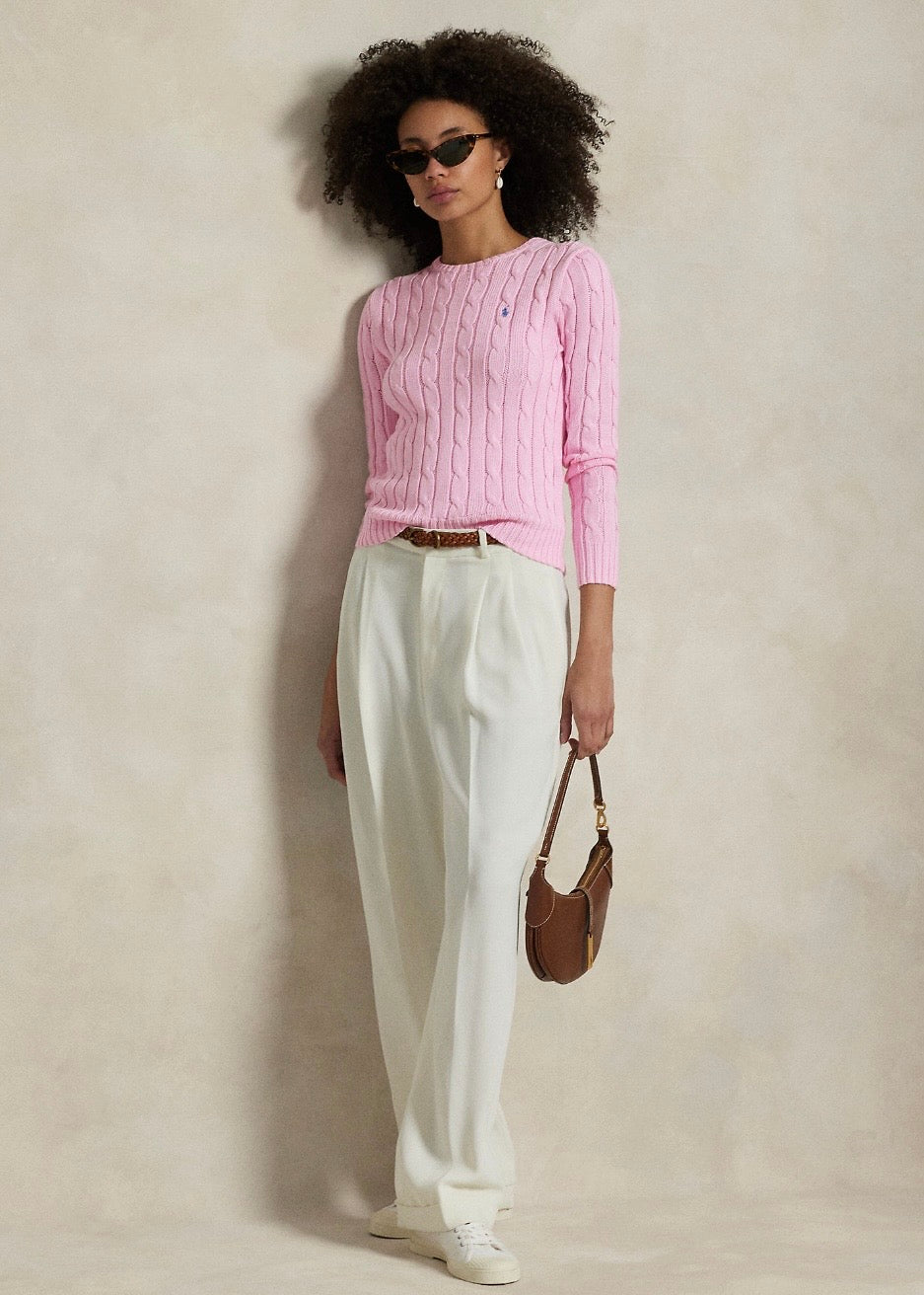 Cable Knit Cotton Crew Carmel Pink