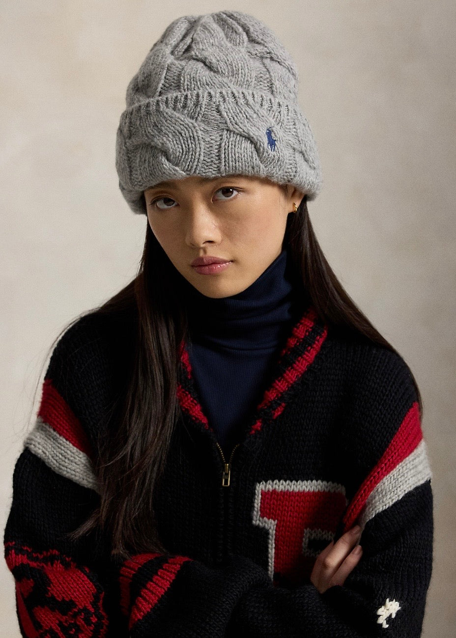 Cable Knit Wool Beanie Grey